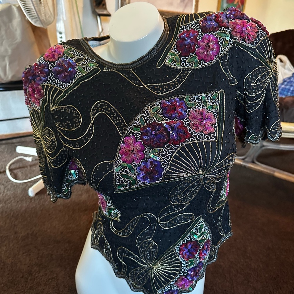 Laurence Kazar Black Top with Purple and Pink Embroidery